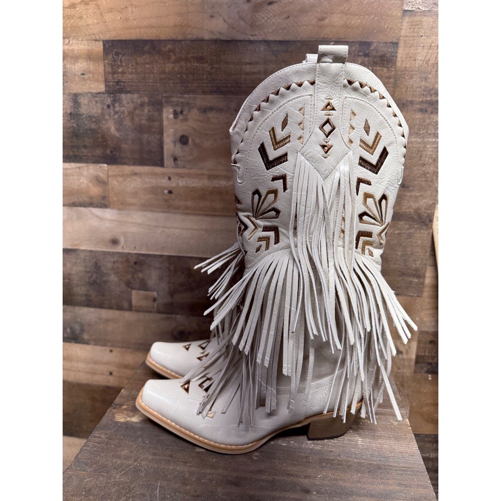 Western Fringe Embroidered Pointed Toe Cowboy Boots Off White Cream Womens 7.5